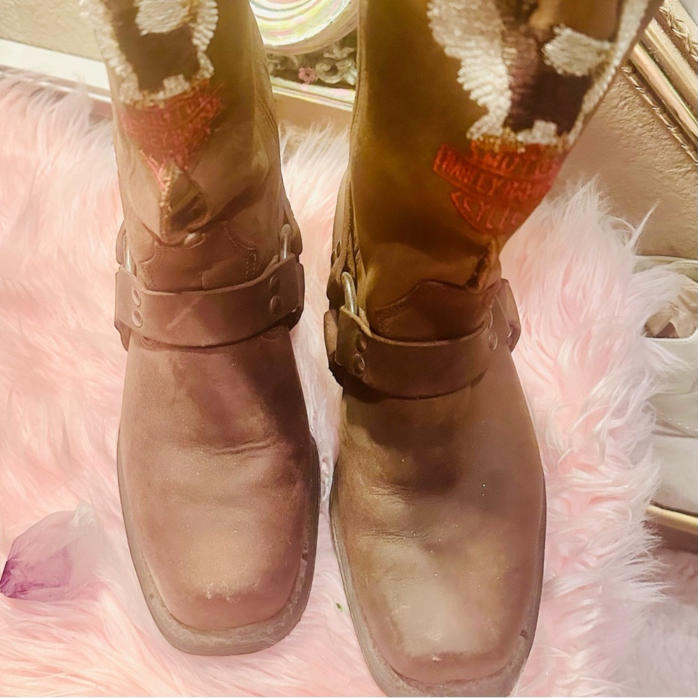 Brown Harley Davidson Leather Boots with Embroidered Eagle